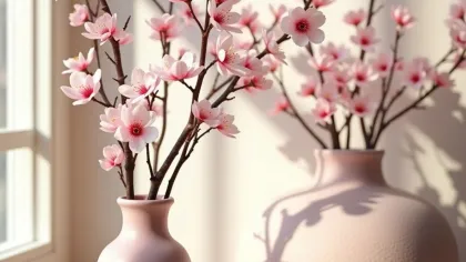 Hai bình gốm hồng nhạt cắm cành hoa hồng phấn, ánh nắng chiếu qua ô cửa sổ lớn