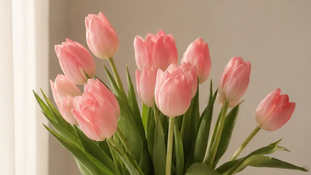 Bình thủy tinh gợn cắm tulip hồng bên cửa sổ, ánh nắng mềm chiếu lên chăn trắng