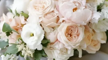 Bó hoa hồng kem, hoa đào nhạt và hoa lisianthus trắng đặt trên tấm voan mềm