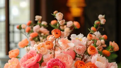 Bình thủy tinh cắm đầy hoa hồng, hoa mao lương hồng và cam trong căn phòng ấm màu gỗ