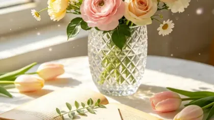 Bình pha lê cắm hoa tulip hồng, mao lương cam và hoa vàng nhạt bên cửa sổ nắng, cạnh cuốn sách mở