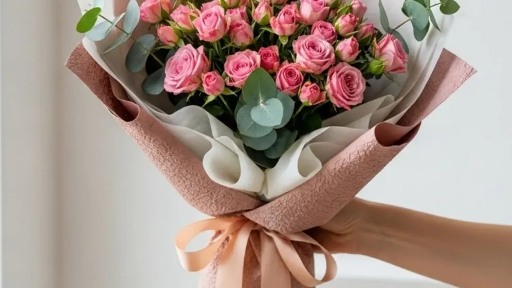 Bó hồng phấn nhỏ xen lá bạch đàn gói giấy hồng và kem, buộc ruy băng cam đào, một tay cầm